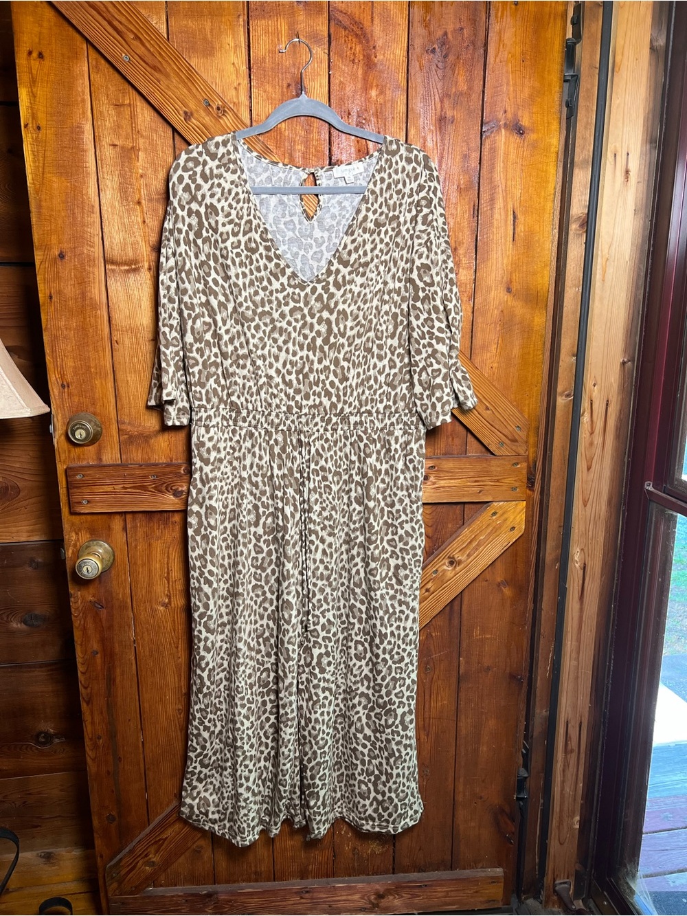 Leopard Print V-Neck Midi Jumpsuit - Taupe